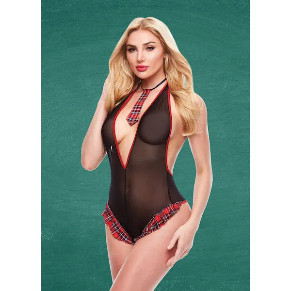 Teacher-039-s-Pet-Schoolgirl-See-Thru-Crotchless-Teddy-w-Tie-Black-Red-M-L