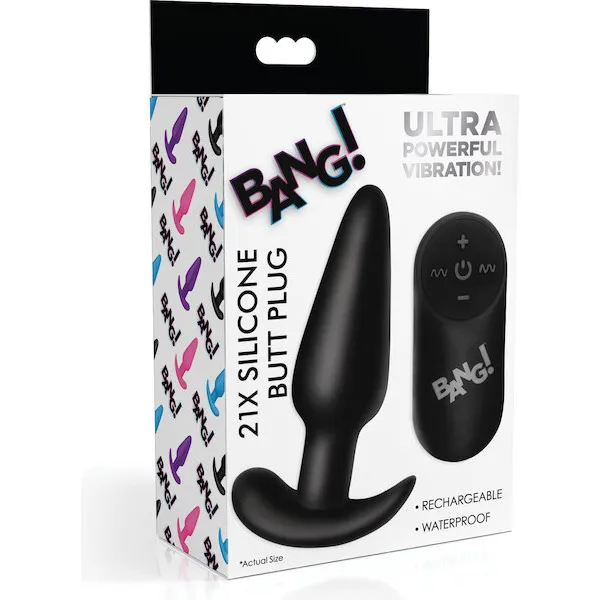 Bang! 21X Vibrating Silicone Butt Plug w/Remote - Black