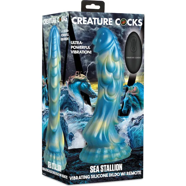 Creature-Cocks-Sea-Stallion-Vibrating-Dildo-w-Remote-Blue-Yellow